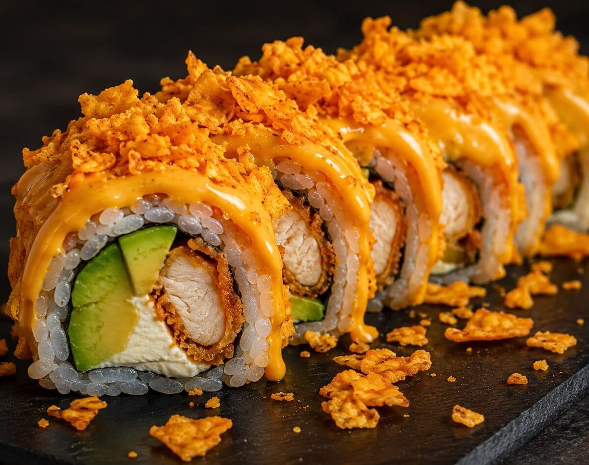 Rolls au poulet pané et à l'avocat, nappés de sauce cheddar et recouverts de Doritos concassés