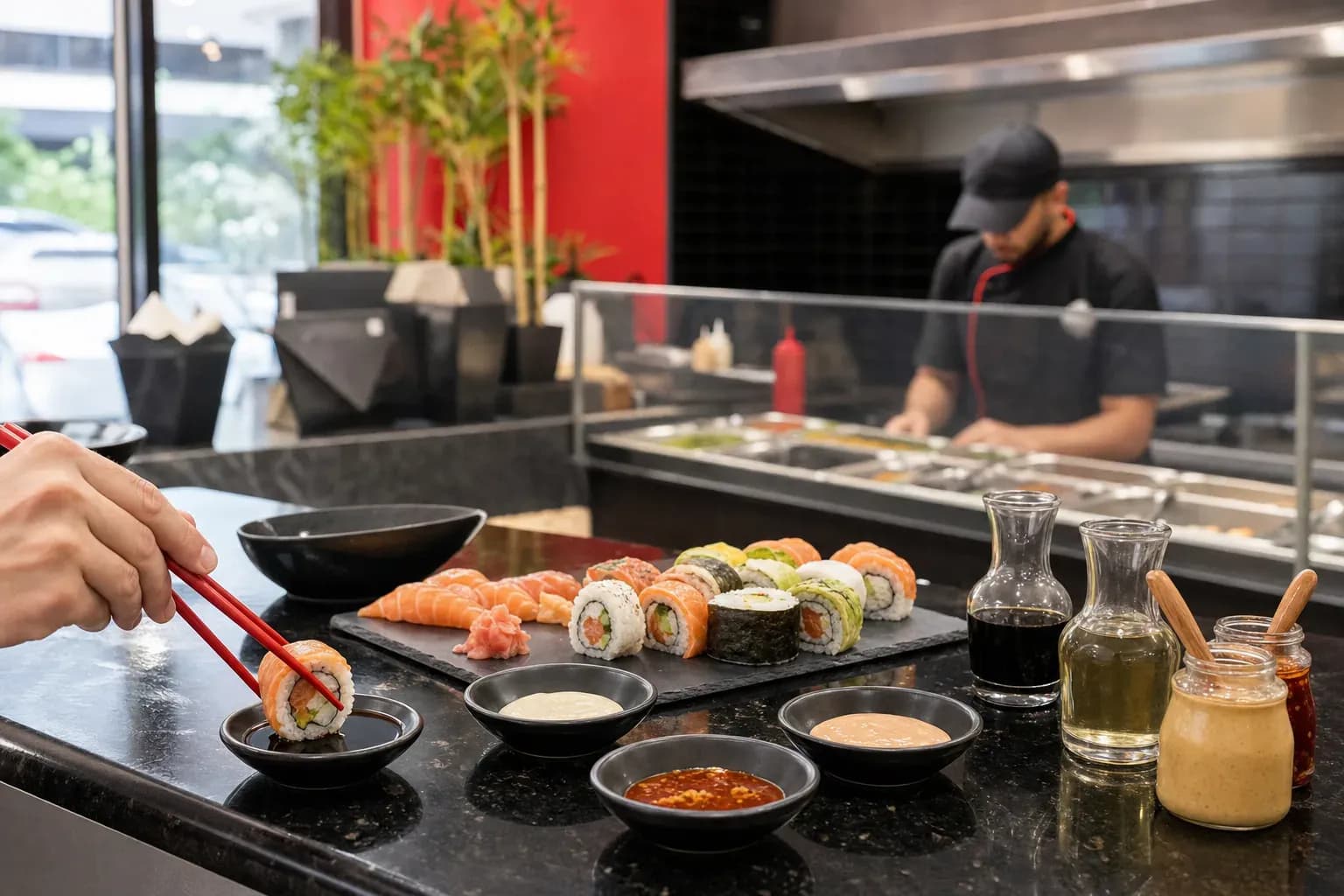 Rangée de makis uramaki nappés de sauce teriyaki et surmontés de tranches d'avocat, dressés au restaurant