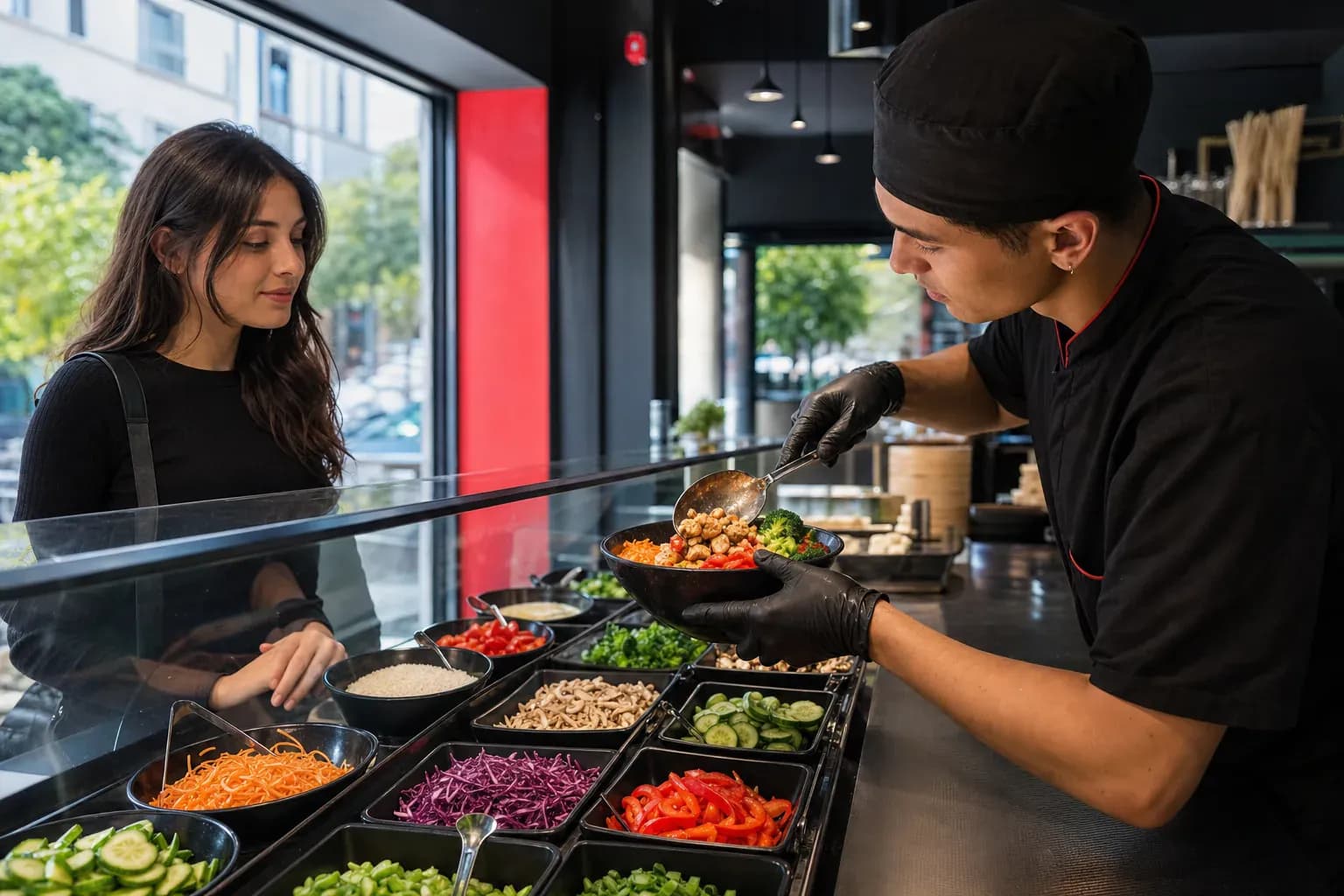 Un cuisinier fait sauter des légumes dans un wok au feu vif, la flamme léchant la poêle