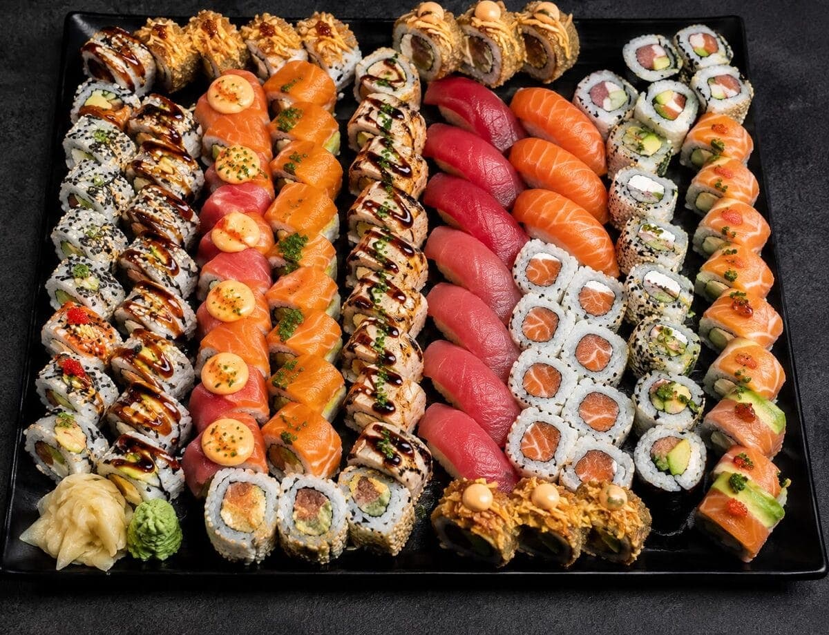Grand plateau de sushis et makis au saumon et thon dressés pour le service du soir