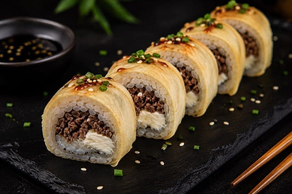 Rolls de sushi fusion garnis et enveloppés, dressés sur une ardoise noire