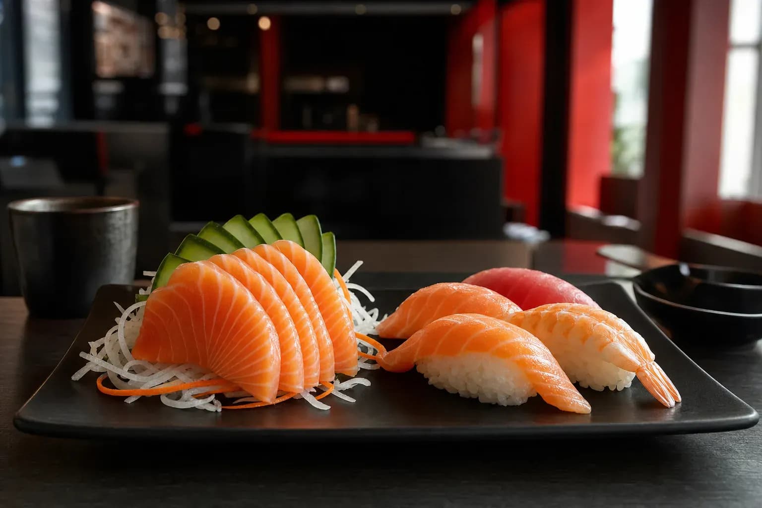 Tranche de saumon cru saisie aux baguettes sur fond noir, éclairage dramatique de sashimi