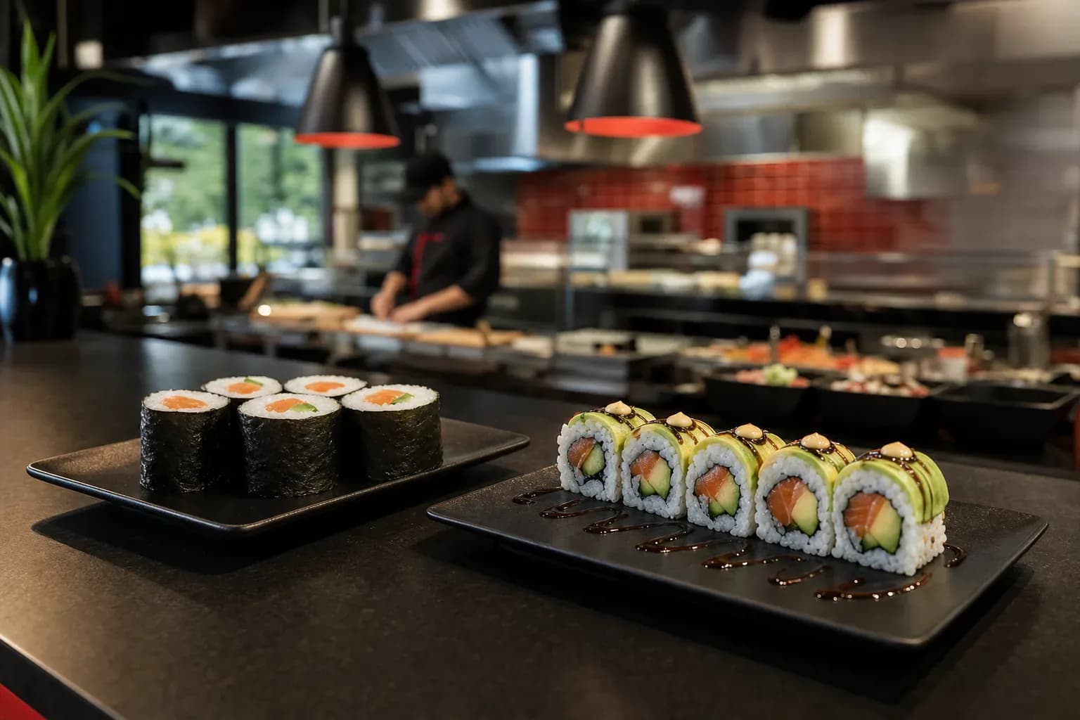 Grand plateau de sushis, makis et california rolls variés au saumon et thon, disposés en rangées