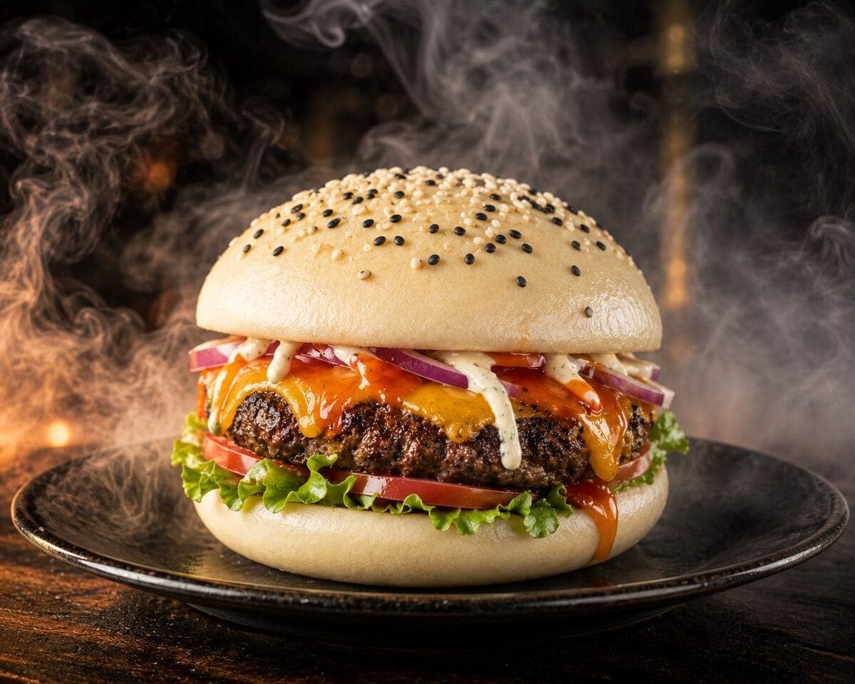 Burger généreux au steak grillé, fromage fondu et légumes frais dans un bun brioché