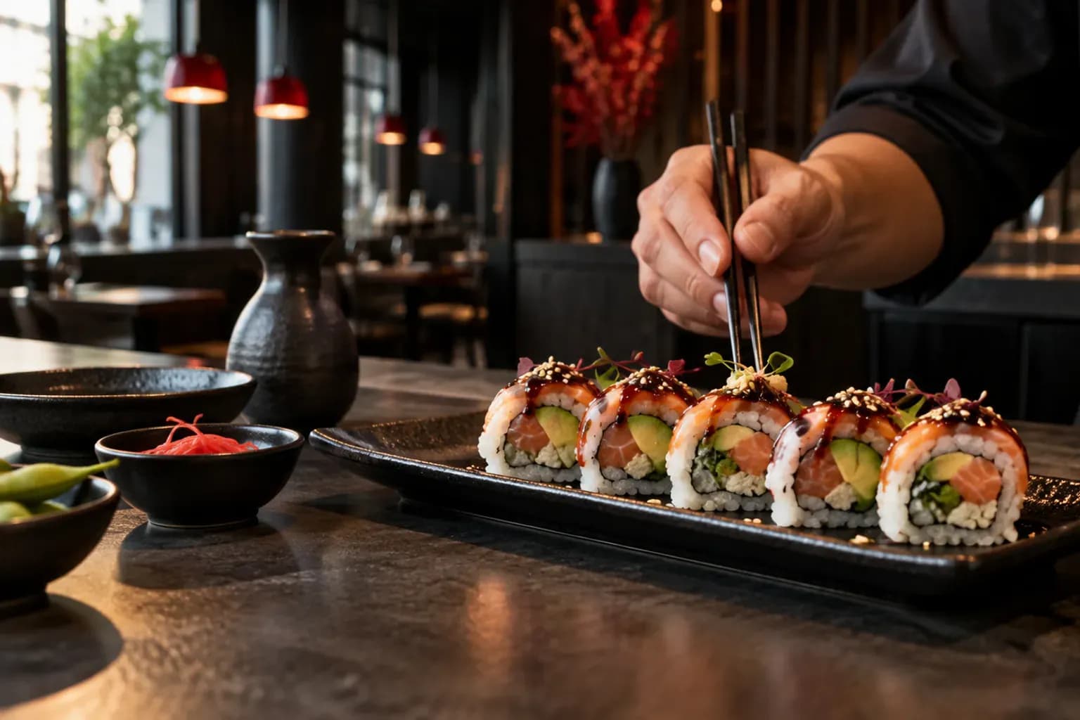 Rolls de sushi fusion garnis de viande hachée et fromage, enveloppés de feuille de brick, sur ardoise noire